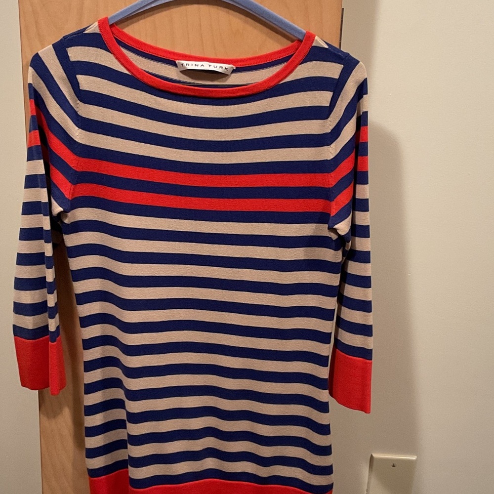 Trina Turk Navy and Red Striped Crew Neck Sweater